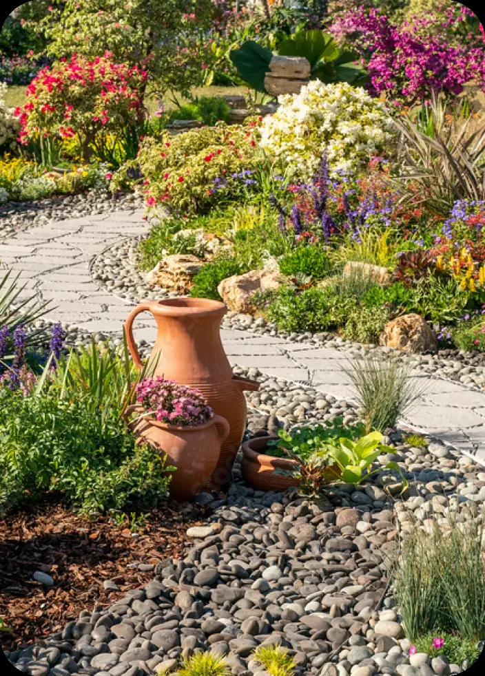 Decorative garden path with terracotta pots