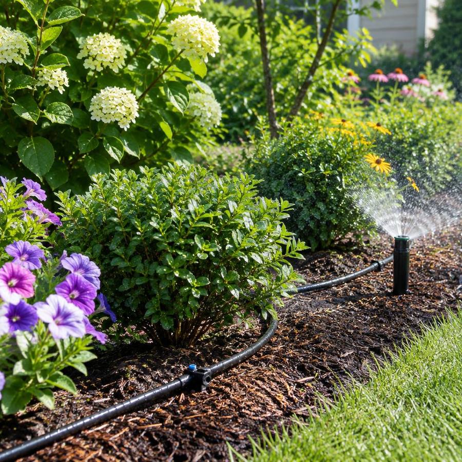 Sprinkler and drip lines watering a garden bed