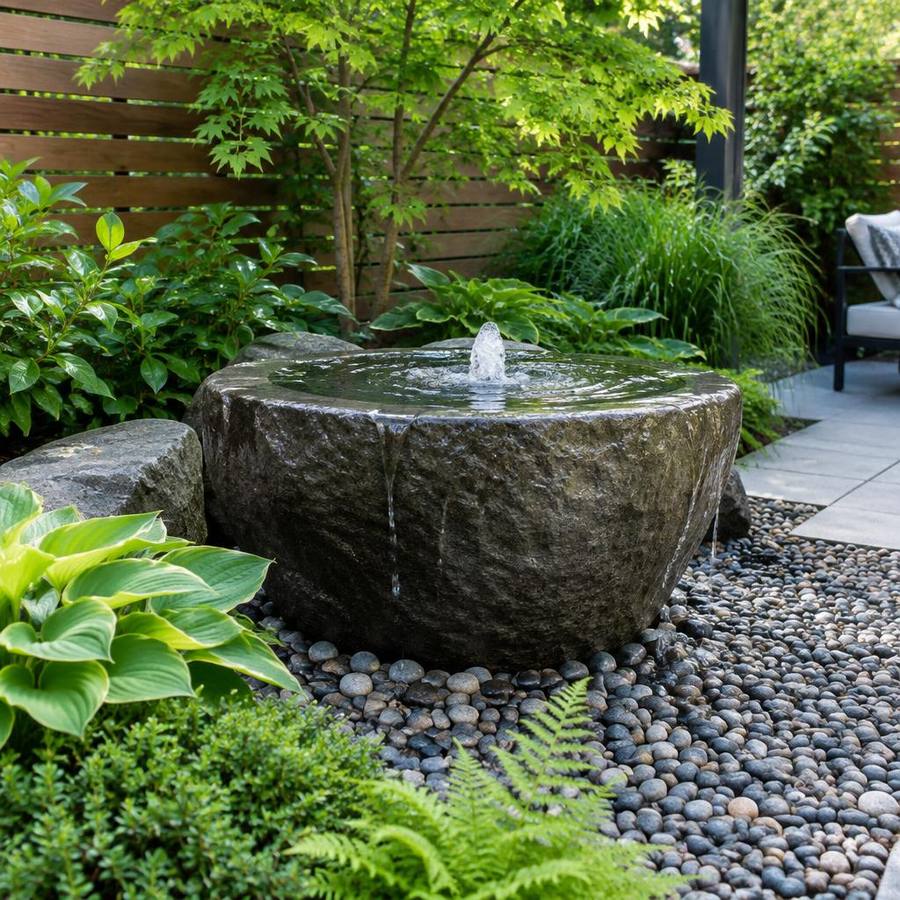 Bare garden corner transformed with a stone water feature